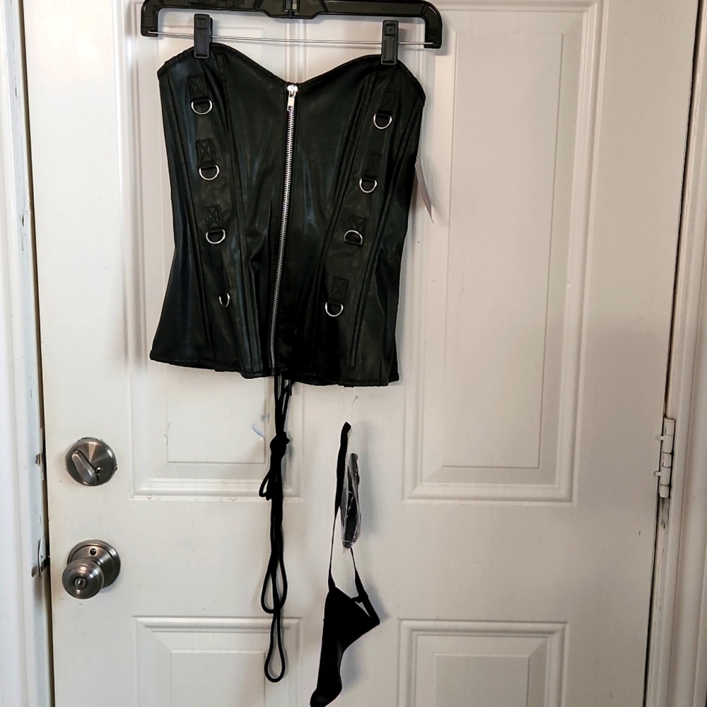 Black Leather Corset with panties and garters.